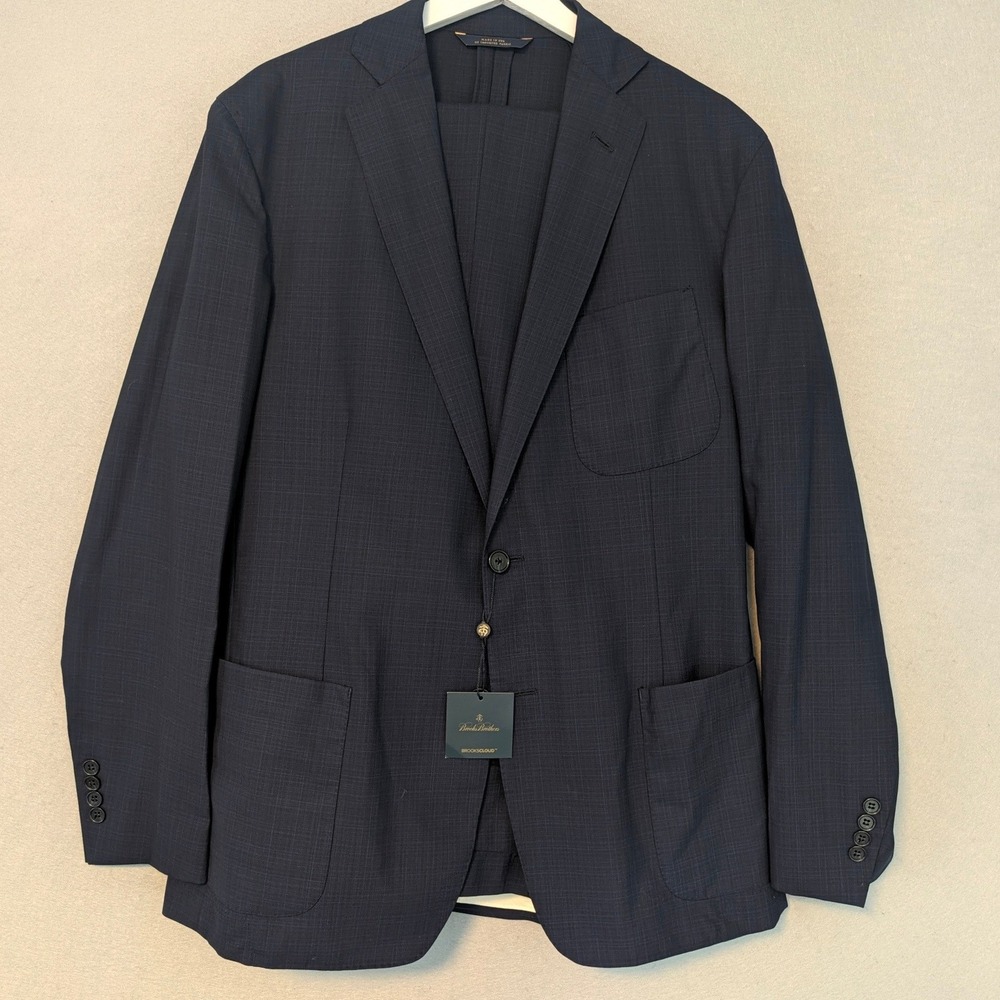 NEW Brooks Brothers Suit Navy Blue Plaid Brooks Cloud Drago Wool Mens 44R W38